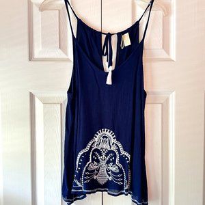 Navy Blue/White Tank Top Tie Back Embroidered. **SMALL, BUT RUNS LARGE